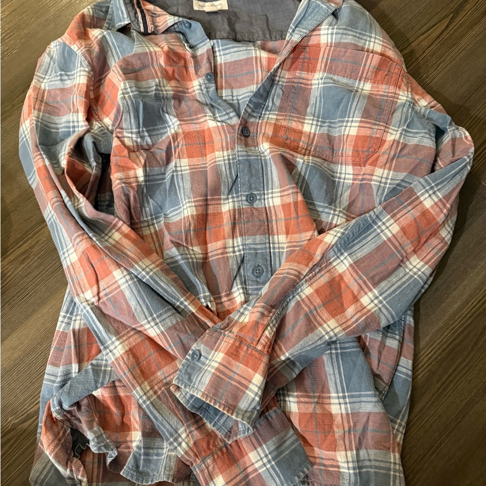 Sun + Stone Red and Blue Plaid Casual Button Down Shirt
